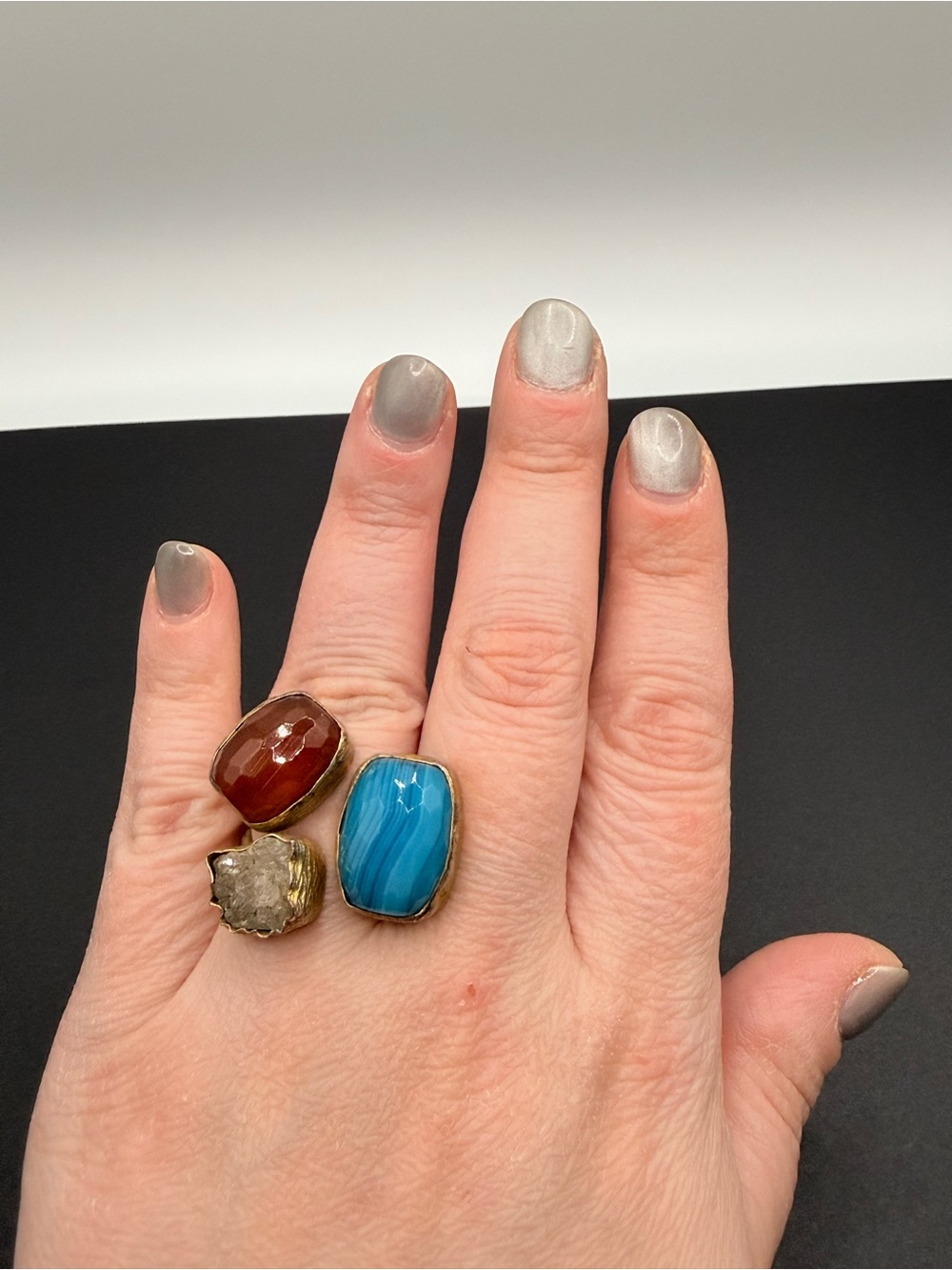 Handcrafted Trio Gemstone Statement Ring in Blue, Red and Brown- Size 6
